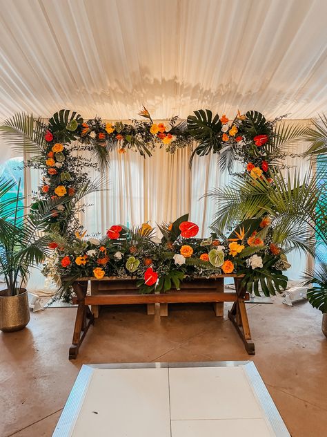 #TropicalWedding #TropicalWeddingFlowers #TropicalSweetheartTable #SweetheartTableFlowers Tropical Sweetheart Table, 60th Birthday Ideas For Mom, Wedding Sweetheart Table Decor, Sweetheart Table Flowers, Sweet Heart Table, Wedding Sweetheart Table, Sweetheart Table Decor, Heart Table, Sweetheart Table Wedding