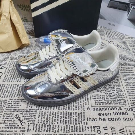 Adidas Silver Wales Bonner Samba Wales Bonner Samba, Sequins Top Outfit, Carrie Bradshaw Outfits, Adidas X Wales Bonner, Samba Shoes, Ibiza Outfits, Silver Sneakers, Wales Bonner, Italy Outfits