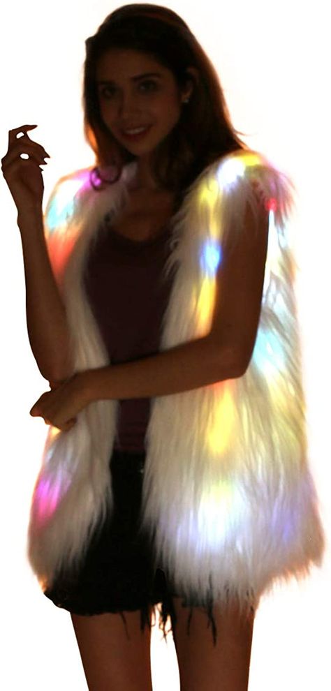 Amazon.com: Women White Faux Light Up Fur Jacket Burning Glow Fluffy Sparking Rainbow LED Costume Waistcoat : Clothing, Shoes & Jewelry Long Waistcoat Woman Outfit, Waistcoat Woman Outfit, Led Tutu, Light Up Costumes, Led Costume, Led Clothing, Burning Man Costume, Waistcoat Woman, Unicorn Costume