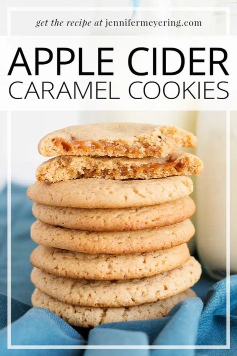 Apple Cider Caramel Cookies - Jennifer Meyering Cider Cookies, Apple Cider Caramel, Apple Cider Cookies, Beautiful Meals, Apple Cider Drink, Cookies Stuffed, Apple Caramel, Mug Of Coffee, Apple Cider Caramels