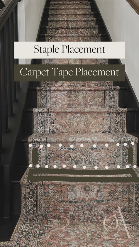 How to Install a Stair Runner (Step-by-Step Tutorial) | Our Aesthetic Abode Vintage Rug Stair Runner, Diy Stair Runner Rods, Rug On Steps Stair Runners, How To Redo Stairs Removing Carpet, Ruggable Stair Runner, Statement Stair Runner, Diy Stair Rods, Stairway With Runner, Small Stair Landing Ideas