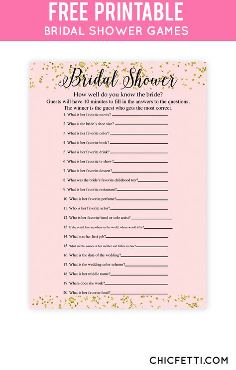 Free Printable Gold Bridal Shower Games from @chicfettiwed Bridal Shower Program, Bride Game, Bridal Games, Printable Bridal Shower Games, Wedding Shower Games, Gold Bridal Showers, Best Friend Wedding, Bridal Shower Brunch, Bridal Shower Game