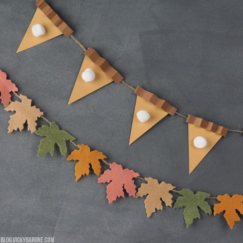 DIY Pumpkin Pie Garland | Vicky Barone Paper Pumpkin Garland Diy, Paper Bunting Ideas, Pumpkin Pie Garland, Fall Garland Diy, Pie Garland, Diy Paper Garland, Diy Pumpkin Pie, Diy Fall Garland, Fall Garlands