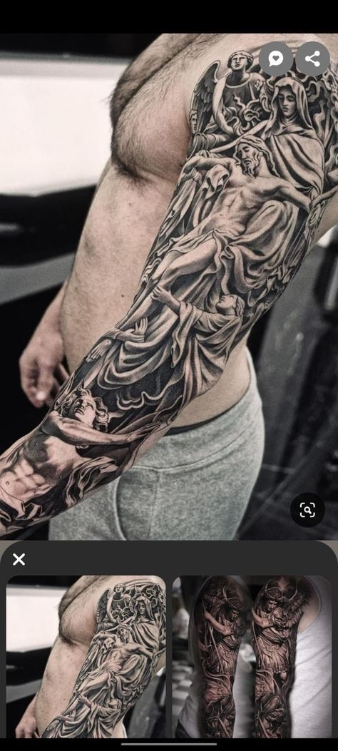 Religious Tattoo Sleeves, Mermaid Sleeve Tattoos, Christus Tattoo, Unique Half Sleeve Tattoos, Cool Half Sleeve Tattoos, Hyper Realistic Tattoo, Realistic Tattoo Sleeve, Girls With Sleeve Tattoos, Dragon Sleeve Tattoos