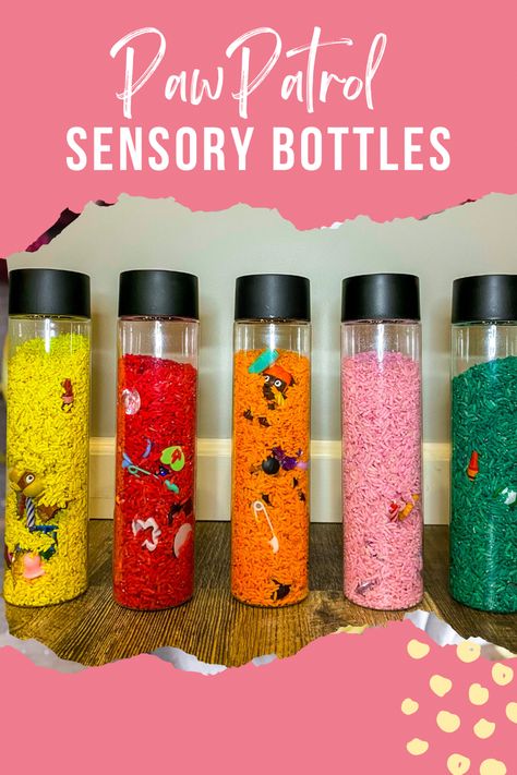 Bottle filled with colorful rice, mini objects and super pups Sensory Bottle Fillers, Calm Down Corner, Sensory Bottles, Baby Play, Paw Patrol, Toddler Crafts, Shop My, Color