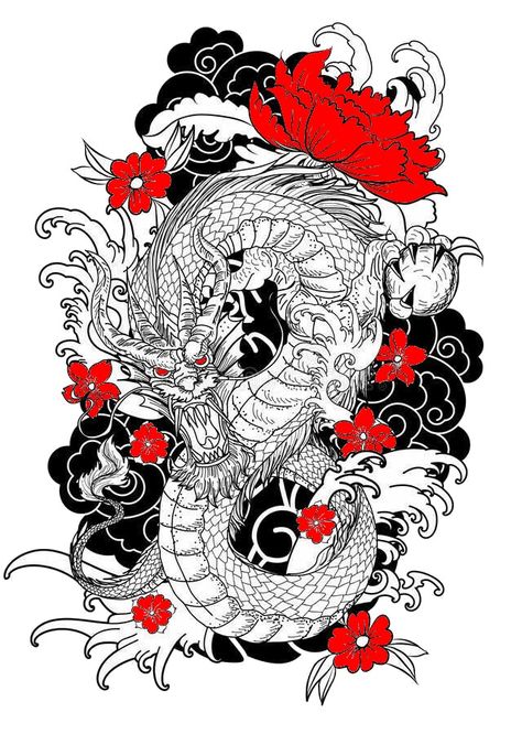 White Dragon With RED Blossoms Red Dragon Black Flowers Tattoo, Dragon Red Tattoo, Black And Red Dragon Tattoo, Dragon Chino Tattoo, Dragon With Flowers Tattoo, Dragon Flower Tattoo, Dragon With Flowers, Black Flowers Tattoo, Dragon Tattoo Back