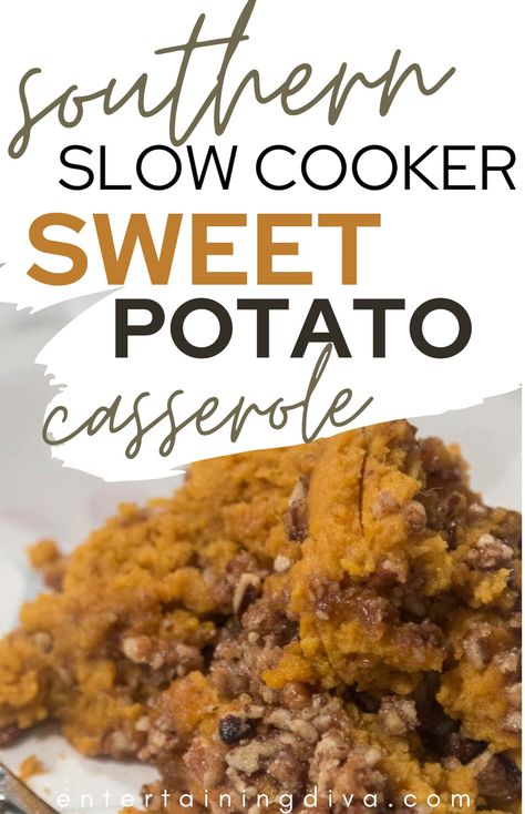 Slow Cooker Sweet Potato Casserole With Pecans Slow Cooker Sweet Potato Casserole, Sweet Potato Casserole With Pecans, Brown Sugar Pecans, Sugar Pecans, Roasted Baby Carrots, Sweet Potato Pie Southern, Slow Cooker Sweet Potatoes, Easy Mashed Potatoes, Sweet Potato Recipes Casserole