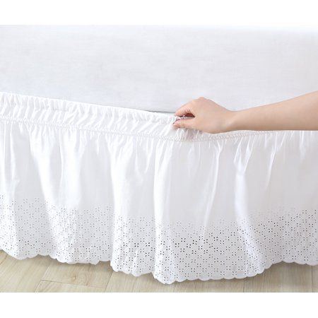 Give your bed a lovely finishing touch with the Better Homes & Gardens Adjustable Eyelet Bedskirt. Available in your choice of two colors (White or Ivory), this solid bedskirt features detailed eyelet embroidered for a timeless, dreamy, and romantic look. Fashionable and practical, this bedskirt (also known as a dust ruffle) has an adjustable design that can easily convert to fit all bed sizes and helps conceal your box spring, bed frame, and underbed storage to create a tidy look. This cotton b