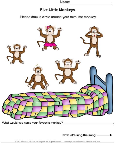 1 of 2 --- http://www.teachchildrenesl.com/songs/five-little-monkeys/ Monkey Worksheet, Monkey Template, Monkeys Jumping On The Bed, Nursery Rhymes Lyrics, 5 Little Monkeys, Jumping On The Bed, Fathers Day Coloring Page, Five Little Monkeys, Song Sheet