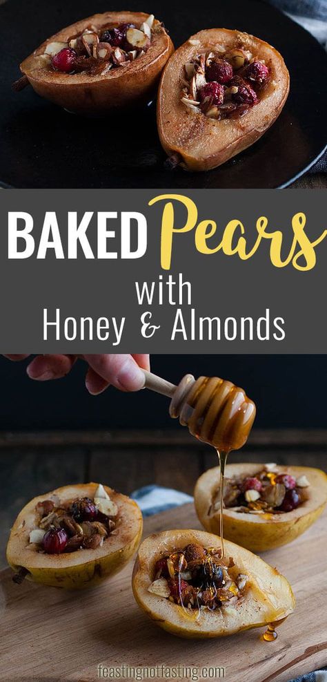 These baked pears with honey and almonds are the perfect healthy dessert for the holidays with cranberries and a nutty crunch all for 200 calories! #healthydessert #dessert Healthy Christmas Desserts, Healthy Thanksgiving Desserts, Fasting Recipes, Healthy Christmas Recipes, Winter Dessert, Pear Dessert, Eat Healthy Food, Baked Pears, Healthy Holiday Recipes