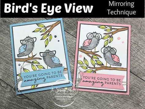 Which is your favorite? Learn how to use the Silicone Craft Sheet by Stampin' Up! to create a mirrored image with Bird's Eye View. All details at www.AStampAbove.com. Stampin Up Best Birds, Stampin Up Birds Eye View, Birds Eye View Stampin Up Cards, Birdseye View, Owl Cards, Card Stamping, Owl Card, Group Projects, Bird's Eye View