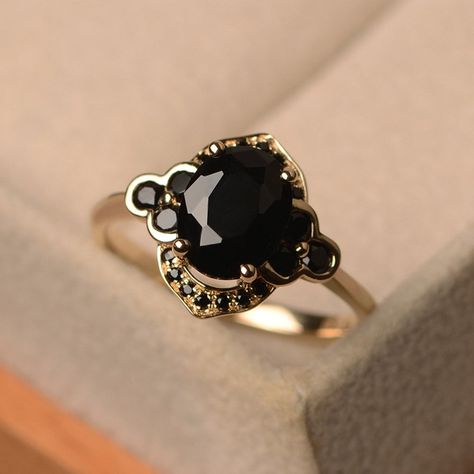 Black Spinel Ring, Yellow Gold, Halo Ring - Etsy Gold Halo Ring, Black Spinel Ring, Spinel Ring, Witch Jewelry, London Blue Topaz Ring, Black Sapphire, Black Onyx Ring, Gold Halo, Black Spinel