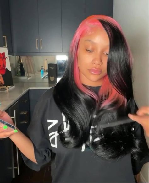 Black And Pink Quick Weave, Skunk Stripe Quick Weave, Pink And Black Sew In, Colored Roots With Black Hair, Frontal Wig Hairstyles, Lace Fronts, Quick Weave Hairstyles, Dyed Hair Inspiration, Cool Braid Hairstyles