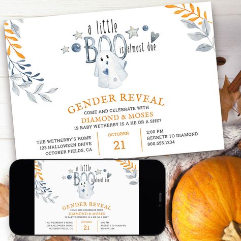 Boo Gender Reveal, Halloween Baby Sprinkle, Halloween Baby Shower Invitations, Halloween Baby Boy, Gender Reveal Neutral, Little Boo Is Almost Due, Unique Gender Reveal, Neutral Halloween, Halloween Gender Reveal