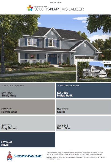 Steely Gray house paint with front door/shutters in Naval Dutch Tiles, Blue Shutters, Greek Villas, Sea Serpent, Blue Paint Colors, Grey Houses, Sherwin Williams Paint Colors, Exterior Paint Colors For House, Best Paint Colors