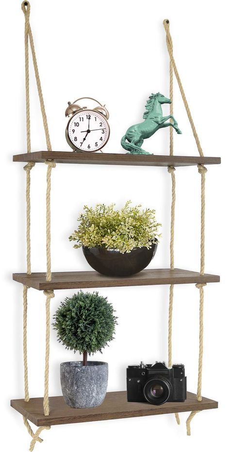 PRICES MAY VARY. Wood, Paulownia Rustic style decorative Hanging Shelves on jute rope made of high quality distressed paulownia wood and durable jute rope for hanging. Beautiful rustic decor to add warmth and charm to any room with these shelves. Ideal wall decoration for your kitchen dining room, living room, bedroom, farmhouse, apartment, dorm room, or office. Alternatively, this shelf is the perfect choice for adding additional shelving space for books, collectibles, plants, crafts, photos an Small Rope Shelf, Wood Plank Hanging Shelf, Nautical Floating Shelf, Wall Hanging Shelf For Plants, Hang Rope Basket On Wall, Rope And Wood Wall Art, Nautical Rope Shelf, Nursery Wall Storage Target, Coastal Floating Shelves Beach Houses