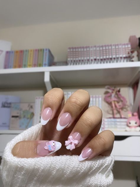 My Melody French Tip Nails, Sanrio Almond Nails, Mymelody Nails, My Melody Nails, Sanrio Nails, Nail Art For Kids, Cute Short Nails, Special Nails, Light Pink Nails