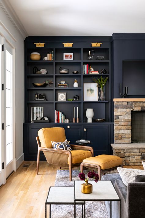 Navy Built Ins With Fireplace, Dark Built Ins Fireplace, Built In Bookshelves Color Ideas, Navy Blue Built Ins Around Fireplace, Navy Blue Built Ins, Moody Built Ins, Built In Bookcase Fireplace, Built In By Fireplace, Built Ins Vaulted Ceiling