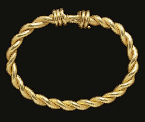 A ROMAN GOLD BRACELET   CIRCA 2ND CENTURY A.D.   The hoop formed of two solid wires twisted together, tapering at each end to a single wire that overlaps and spirals over the hoop for sizing Ancient Bracelet, Roman Ancient, Imperiul Roman, Ancient Roman Jewelry, Byzantine Gold, Ancient Jewels, Roman Jewelry, Ancient Jewellery, Jewelry Advice