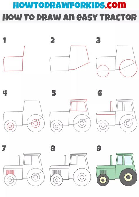 How to Draw an Easy Tractor - Easy Drawing Tutorial For Kids How To Draw A Tractor Easy, Tractor Drawing Easy Step By Step, Tractor Painting Canvas Easy, How To Draw A Tractor Step By Step, Easy Tractor Drawing, How To Draw A Tractor, Draw A Tractor, Tractor Crafts, Drawing Methods