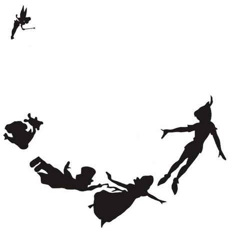 Peter Pan, Tinker Bell and Wendy, John, and Michael Darling and  flying. black and white silhouette by SweetSisters Peter Pan Flying, Pan Tattoo, Peter Pan Silhouette, Peter Pan Tattoo, Peter Pan Neverland, Silhouette Disney, Tattoo Diy, Disney Silhouette, Disney Silhouettes