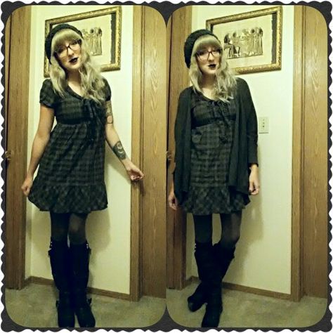 Plaid baby doll dress alternative style OOTD black lipstick Plaid Babydoll Dress, Dress And Cardigan, Dress Alternative, Plaid Baby, Black Lipstick, Baby Doll Dress, Alternative Style, Dress With Cardigan, Babydoll Dress