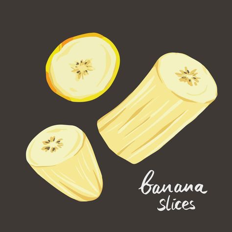 Banana fruit slices healthy food vector illustration isolated on square dark background. Yellow colored fruit. Simple flat cartoon art styled drawing. Food Vector, Fruit Slices, Banana Fruit, Fruit Slice, Banana Slice, Dark Background, Cartoon Art Styles, Dark Backgrounds, Yellow Color