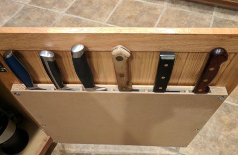 Cabinet door mounted knife block.  My own design and build (Pic2) Diy Knife Storage, Knife Block On Counter, Under Cabinet Knife Storage, Calming Interiors, Narrow Boat, Park Model Homes, Using Chalk Paint, Inside Cabinets, Heart Diy