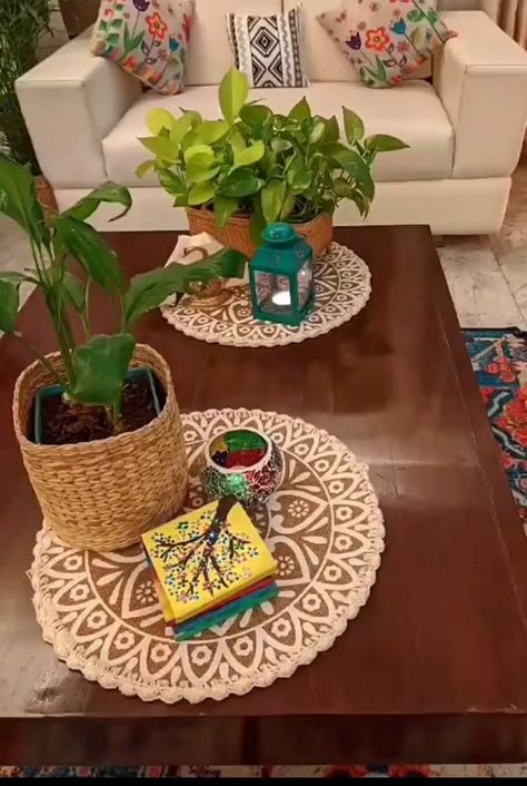 Central Table Decoration, Mandir Decor, Indian Diy, Bedroom Decor Pictures, Central Table, Colourful Living Room Decor, Corner Space, Ethnic Home Decor, Jute Crafts