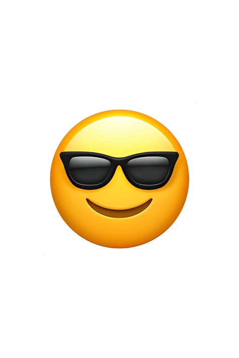 The 😎 Smiling Face With Sunglasses emoji depicts a yellow face with a big grin and black sunglasses on its eyes. The sunglasses have a dark tint and are shaped like aviators. The eyebrows are raised, giving the impression of a cool and confident expression. The overall appearance is playful and laid-back. Cool Emoji Faces, Emot Iphone, Emoji With Sunglasses, Iphone Emoji Faces, Smile Face Emoji, Confident Expression, Sunglasses Emoji, Smiling Emoji, Emojis Iphone