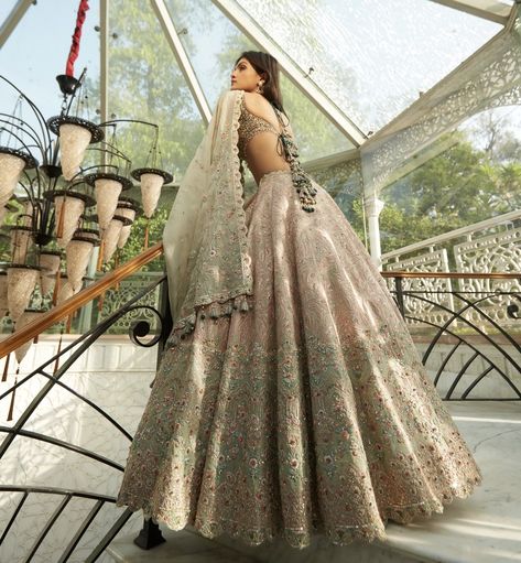 Sage Green Lehenga, American Indian Dress, Frontier Raas, Green Bridal Lehenga, Pastel Green Dress, Karol Bagh, Dori Work, Indian Bridesmaid Dresses, Latest Bridal Lehenga