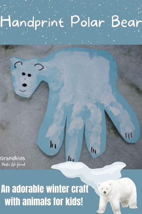 Polar bear made out of paper by tracing a persons handprint. Polar Bear Handprint, Easy Arctic Animal Crafts, Artic Crafts Preschool, Penguins And Polar Bears Preschool, Artic Animals Toddler Theme, Preschool Polar Bear Crafts, Arctic Animals Infant Activities, Toddler Arctic Animal Crafts, Polar Animal Activities For Toddlers