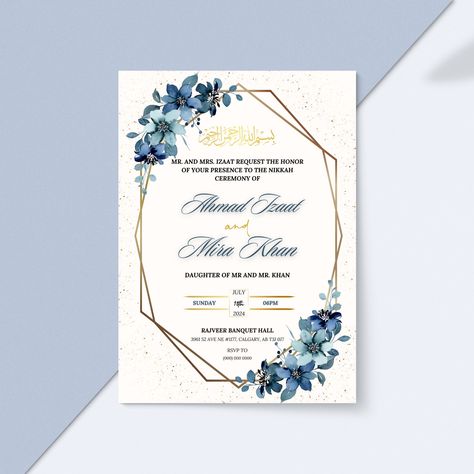 Blue Nikkah, Nikkah Invitation, Nikkah Ceremony, Botanical Frame, Muslim Wedding Invitations, Islamic Wedding, Gold And Blue, Muslim Wedding, Wedding Invite