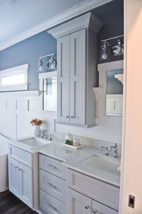 Above Vanity Storage, Bathroom Vanity With Middle Cabinet, Bathroom Vanity With Countertop Cabinet, Two Vanities In Bathroom Side By Side, Bathroom Remodel Double Vanity, Master Vanity Ideas Double Sinks, Bathroom Vanity With Storage Tower, Double Sink Vanity Ideas, Townhome Upgrades