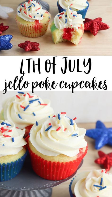 Festive cupcakes for the 4th of July! White cupcakes infused with red and blue jello, topped with patriotic sprinkles. #4thofjuly #memorialday #cupcakes #patrioticcupcakes #cupcakerecipe #pokecupcakes #jellopokecupcakes White Cake Mix Cupcakes, Poke Cake Cupcakes, Jello Poke Cupcakes, Coronation Cupcakes, July 4th Cupcakes, Poke Cupcakes, 4th Of July Jello, Creative Cupcake Recipes, Festive Cupcakes