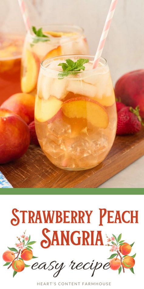 Strawberry Peach Sangria, Peach Sangria Recipe, Peach Sangria Recipes, Strawberry Sangria, Yummy Summer Drinks, Fruity Cocktail, Cocktail Drinks Alcoholic, Peach Sangria, Sangria Recipe