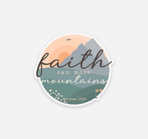 Faith can move mountains ~ Matthew 17:20. This uplifting Christian Bible verse is paired with a beautiful mountain design. The vinyl sticker is both durable and weather resistant as it features a special laminate that protects it from rain, wind, and sunlight. Size: 3" wide x 2.8" tallMaterial: VinylDurability: Waterproof & UV resistant, dishwasher safe Made in the USA Bible Verse Stickers, Christian Gift Shop, Bible Stickers, Faith Moves Mountains, Nice Tattoos, Matthew 17, Faith Can Move Mountains, Matthew 17 20, Mountain Design