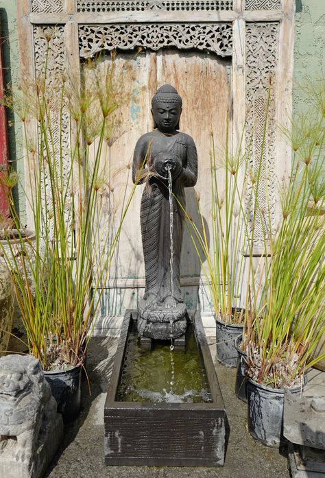 Zen Backyard, Water Pouring, Tropical Patio, Bali Garden, Water Vessel, Balinese Decor, Standing Buddha, Terrace Decor, Memorial Statues