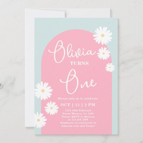 $3.08 | Daisy 1st Birthday Invitation - floral, boho, retro, vintage, daisy, pink, one, first, birthday, groovy Daisy 1st Birthday, Daisy Birthday Party, Floral First Birthday, First Birthday Favors, Daisy Birthday, First Birthday Games, Vintage Daisy, 1st Birthday Themes, 1st Birthday Invitation