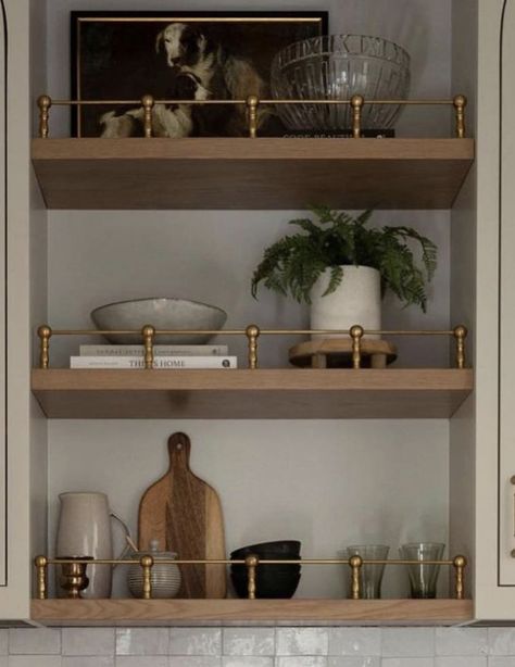 Brass Shelving Kitchen, Open Upper Kitchen Cabinets, Shelves Kitchen Wall, French Bistro Shelves, Bistro Shelving, Brass Shelving, Kitchen Shelving, Walnut Kitchen, Antique Kitchen