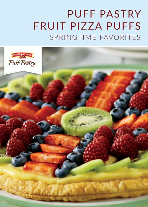 Spring has sprung! Celebrate the change in seasons with a little help from these Puff Pastry Fruit Pizza Puffs. Start by using Pepperidge Farm® Puff Pastry Sheets to form a light and flaky crust. Then, top with vanilla pudding and fresh fruit, such as strawberries, raspberries, kiwi, and blueberries. Puff Pastry Fruit Pizza, Pastry Puff Recipes, Puff Pastry Fruit, Puff Recipes, Summer Time Food, Pastry Fruit, Pizza Puffs, Fruit Pizza Crust, Recipes With Fruit