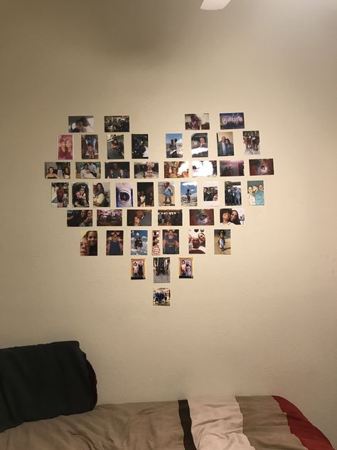 Picture Collage Wall Heart, Pic Heart Collage, Ways To Put Photos On Wall, Hart Photo Wall, Cute Way To Put Pictures On Wall, Heart Wall Decor With Pictures, Heart Pic Collage On Wall, Picture Wall Ideas Boyfriend, Picture Wall Ideas Heart Shape