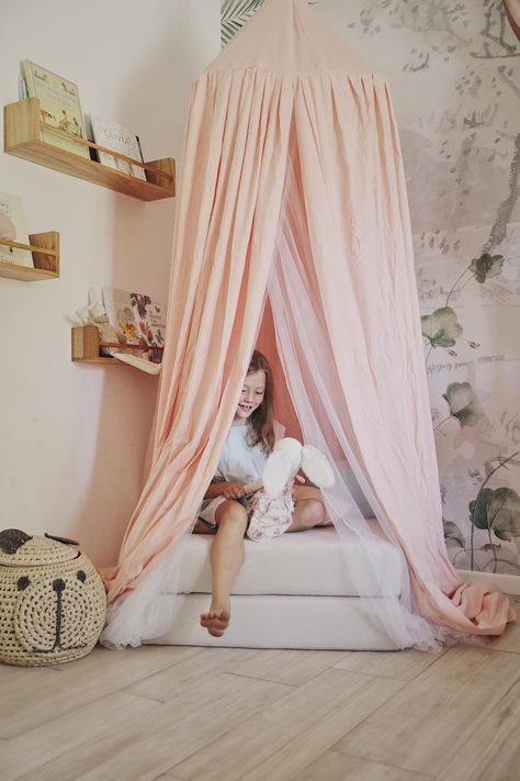 Princess Drapes Over Bed, Bunk Bed Canopy Diy, Girls Room Canopy Bed, Maddys Room, Bohemian Girls Bedroom, Pink Princess Room, Girls Canopy, Reading Nook Kids, Canopy Bed Diy