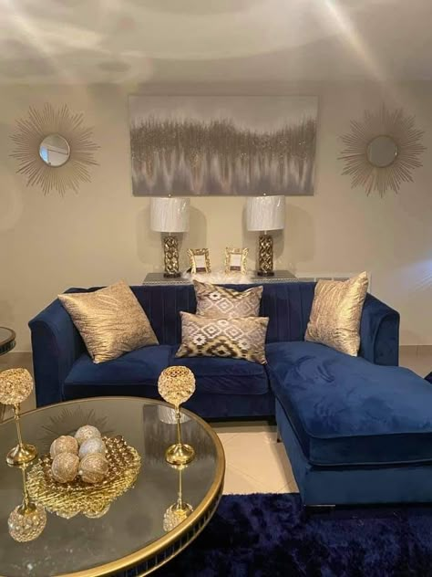 Blue Ivory And Gold Living Room, Royal Blue And Gold Living Room Ideas, Navy Blue White And Gold Living Room, Navy And Gold Living Room Decor, Blue Furniture Living Room Ideas, Navy Blue And Gold Living Room Decor, Royal Blue Living Room Color Scheme, Blue Sectional Living Room Ideas, Navy Blue Sofa Living Room Color Schemes