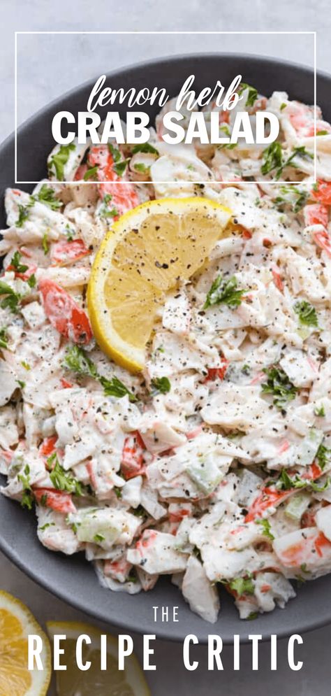 This delicious crab salad is hearty and cool, perfect for sandwiches or a side dish! Each bite is loaded with meaty crab, lemon, fresh herbs, and a hint of spice for flavor you won't be able to resist. It's the perfect companion for all of your summer potlucks! Crab And Pasta Salad Recipes, Creamy Crab Salad, Fresh Crab Salad Recipe, Seafood Salad Sandwich, Cajun Crab Salad Recipe, Imitated Crab Salad, Crab Salad Recipe Easy Healthy, Easy Crab Salad Simple, Crab Salad Recipe Pasta