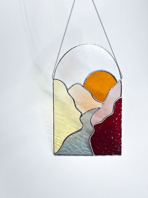 Stained Glass Desert, Stained Glass Mountains, Stained Glass Landscape, Glass Desert, Stained Glass Mirror, Glass Suncatchers, Modern Stained Glass, Glass Diy, Stained Glass Window Panel