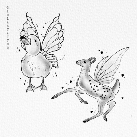 Fairy Animals Drawing, Animals With Fairy Wings, Fairy Animal Tattoo, Drawing For Tattoos, Butterfly Wings Drawing, Spooky Spring, Fawn Tattoo, Fairy Wings Drawing, Fairy Animals