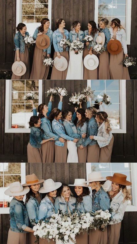 Rustic Wedding Groomsmen Jeans, Country Wedding Bridal Party Attire, Western Boho Bridesmaid Dress, Bridesmaid Country Dresses, Rustic Country Bridesmaid Dresses, Bridesmaid With Cowboy Boots, Bridesmaid Hats For Wedding, Bridesmaid Dresses With Jean Jackets, Country Wedding Bridesmaids Dresses With Boots