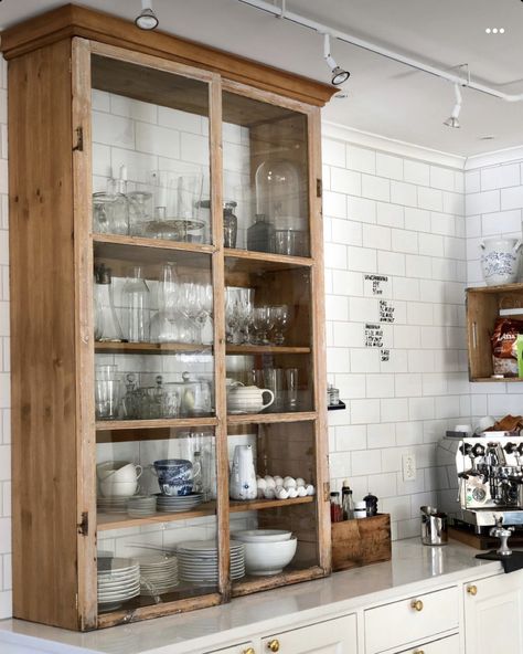 Unique Spice Storage, Bookcase On Kitchen Counter, Scandish Home Kitchen, Farmhouse Kitchen No Upper Cabinets, Hutch On Kitchen Counter, Hutch On Countertop, Countertop Pantry Cabinet, Bookshelves Kitchen, Countertop Pantry