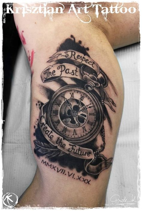 Arm tattoo, clocktattoo, arttattoo Respect The Past Create The Future Tattoo, Time Heals Tattoo, Respect Tattoo, Wrist Tatoo, Lower Arm Tattoos, Infinity Tattoo Designs, Tattoo Lettering Design, Native American Tattoos, Tattoo Time